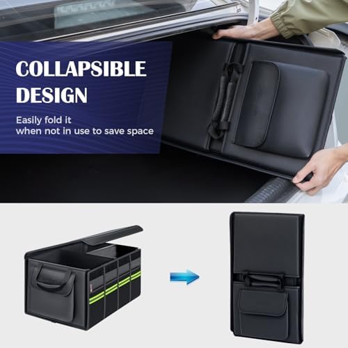Car Trunk Organizer - 70L Nappa Leather Trunk Organizer for SUV with Lid, Multi Collapsible Car Storage Organizer Foldable, Multi Compartments with 2 Straps for SUV/Truck