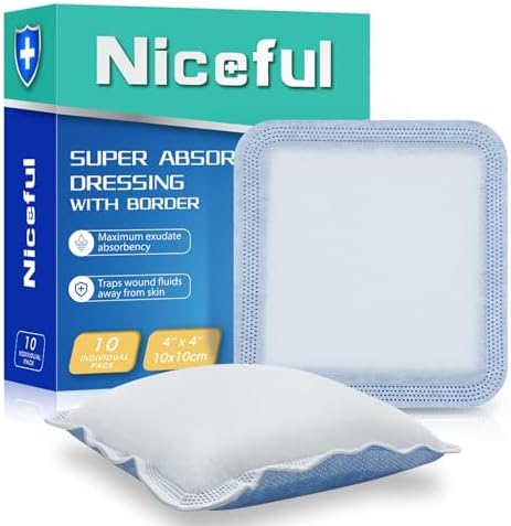 Super Absorbent Wound Dressing 4"x 4"(10 Pcs), Sterile Non Stick Gauze Pads for Wound Care, Heavy Exudate Non Adhesive Large Bandages for Pressure Ulcers, Bedsores, Diabetic Foot Ulcers