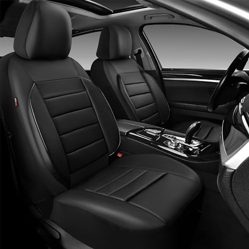 Leather Seat Covers Full Set Universal Water Resistant 3D Foam Back Support, Luxury Comfort Automotive 5 Seat Covers All Season Fit for SUV,Sedan,Van, Airbag Compatible Elegance(Pure Black)