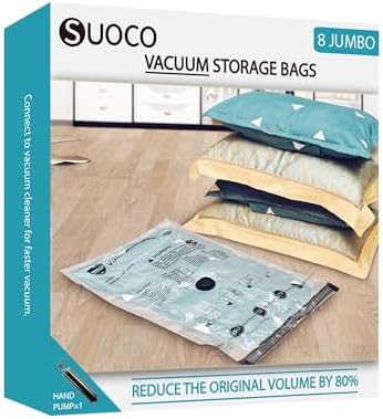 Vacuum Storage Bags for Travel & Home with Hand Pump, 8 Jumbo