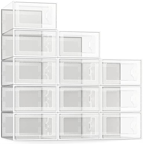 12 Pack Shoe Storage Box, Clear Plastic Stackable Shoe Organizer for Closet, Space Saving Foldable Shoe Rack Sneaker Container Bin Holder