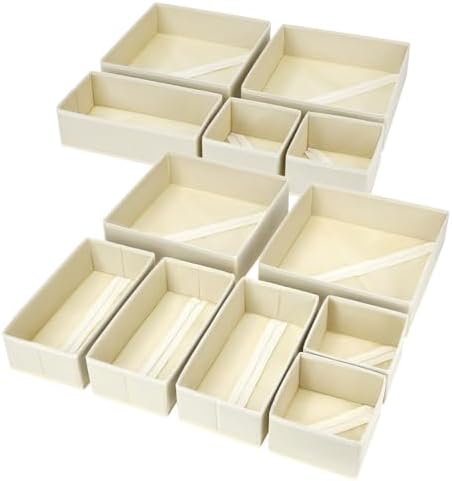 Drawer Organizer Clothes, 12 Pack Dresser Organizer for Nursery, Baby Clothes, Underwears, Sock, Fabric Dresser Bins, Drawer Dividers, Foldable Closet Organizers and Storage(Beige)