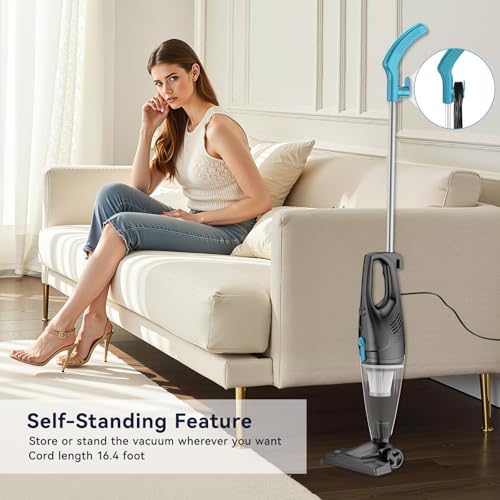 Corded Vacuum Cleaner, 4-in-1 Vacuum Cleaners for Home Converts to Small Handheld Vacuum, 15Kpa Power Suction Lightweight Corded Stick Vacuum for Floor, Carpet,Pet Hair,Stair