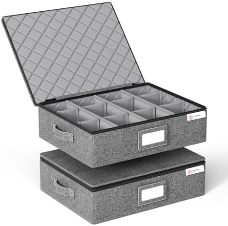 Cup and Mug Storage Box 2 Pack with Hard Shell and Dividers for Coffee Mugs,Tea Cups and Glasses,Stackable Storage Organizers with Lid,Handles,Zips and Label for Moving,Holds 24, Grey