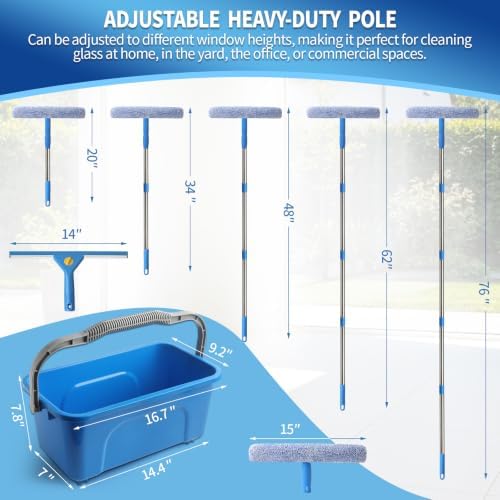 11PCS Window Cleaning Kit Washing Tool, Bucket 3 Gallon, 76 inch Long Handle Window Squeegee and Microfiber Scrubber,Equipped with Replaceable Squeegee and Scrubber for Home Business Use