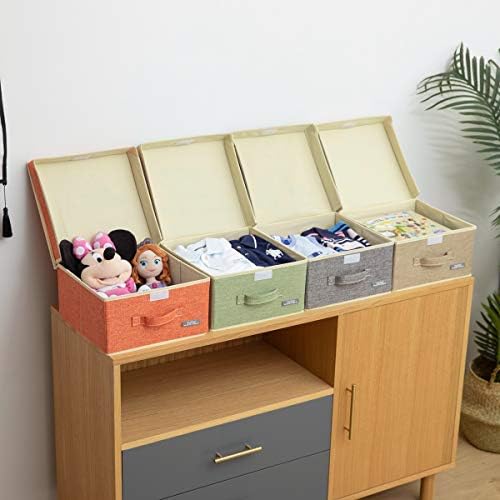 Fabric Storage Bins with Lids Small 4 Pack, Linen Foldable Storage Box with lids 4 Color Set 12.4in/12in/6.7in