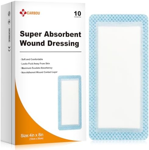 Super Absorbent Wound Dressing 4" x 8", 10 Pack, Non-Adhesive Pads