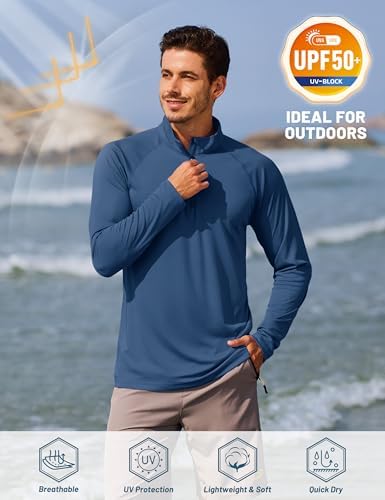Men's Long Sleeve Athletic Shirts 1/4 Pullover Zip Sun Protection Rash Guard UPF 50+ Outdoor Running T-Shirts