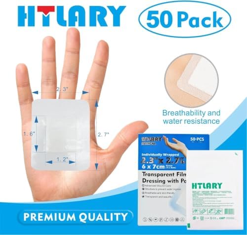 Waterproof Transparent Film Dressing with Absorbent Pad 50-Pack Sterile Adhesive Bandages Post-Surgical Wound Cover, Protective Barrier for Sensitive Skin (2.3‘’x2.7‘’)