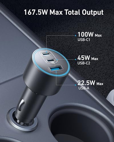 167.5W Max 3-Port Ultra-Compact USB C Fast Charging Car Charger