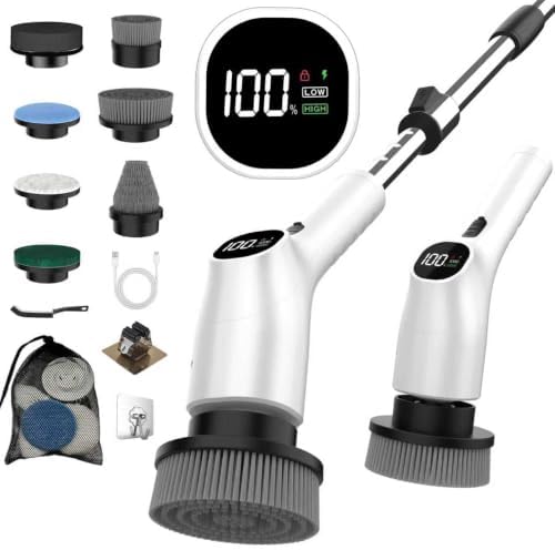 Electric Spin Scrubber - 10-in-1 Cordless Shower Scrubber & Cleaning Brush with Extendable Handle, 44 in-lbs Ultra High Torque, 2 Speeds, IPX7, LED Display, Smart AI Chip, for Bathroom, Kitchen