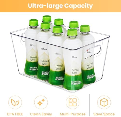6 Pack Clear Storage Bins, Pantry Organizer Bins with Handle, Large