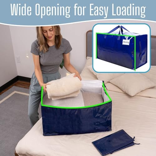 8 Pack Extra Large Heavy Duty Moving Bags with Wide Opening & Reinforced Handles, Reusable Storage Tote Bags with Strong Zippers for Clothes, College Dorm Essentials & Moving Supplies