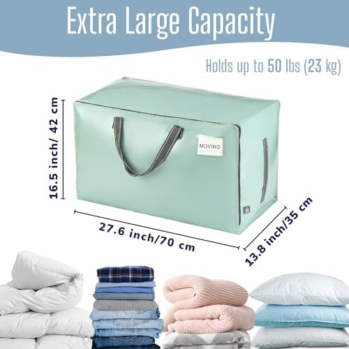 10 Pack Extra Large Heavy Duty Moving Bags with Wide Opening & Reinforced Handles, Reusable Storage Tote Bags with Strong Zippers for Clothes, College Dorm Essentials & Moving Supplies