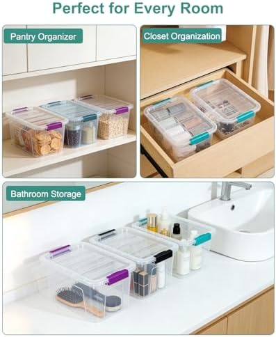 Clear Storage Bins with Lids 6 Pack, 7 Qt Stackable Storage Containers with Buckle Lock, Durable Plastic Containers & Storage Box Organizer for Pantry, Bathroom, Closet & Office Use
