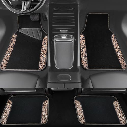 Bling Diamond Car Floor Mats, Shining Rhinestone Carpet Sparkly Glitter Crystal with Anti-Slip PVC Heel Pad Waterproof Universal Fit Automotive SUV,Sedan,Van,Cute Girl Women,4pcs Gold Leopard