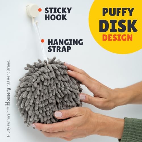 Fluffy Puffins Microfiber Puff Hand Towels & Hooks, 3 Pack, Gray