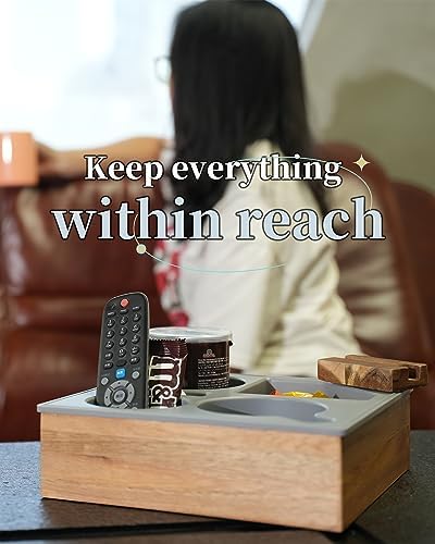 Couch Cup Holder Tray, Handy Soft Silicone Acacia Wooden Couch Caddy for Bed Car Seat Beach Organizer, Waterproof Anti-Spill Sofa Cup Holder for Snacks Beverage Remote (White)