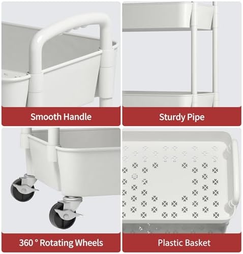 4-Tier Plastic Rolling Utility Cart with Wheels for Storage,White