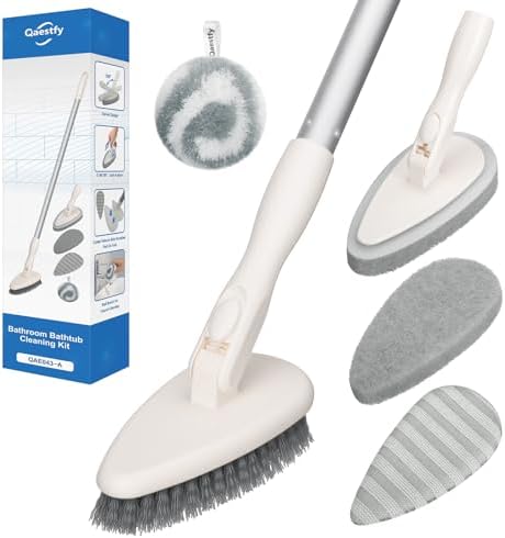 4-in-1 Tub and Tile Shower Scrubber, 51'' Bathtub Cleaning Brush with Long Handle, Soft & Stiff Bristles Bathroom Scrub Brush, Non-Scratch Shower Cleaner Brush for Cleaning