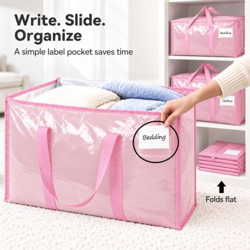 8 Pack 24 Gal Heavy Duty Moving Bags, Extra Large Storage Totes Zipper, Reinforced Handles, Label Window, Pink, Reusable Tote (Pink, 8 Pack)