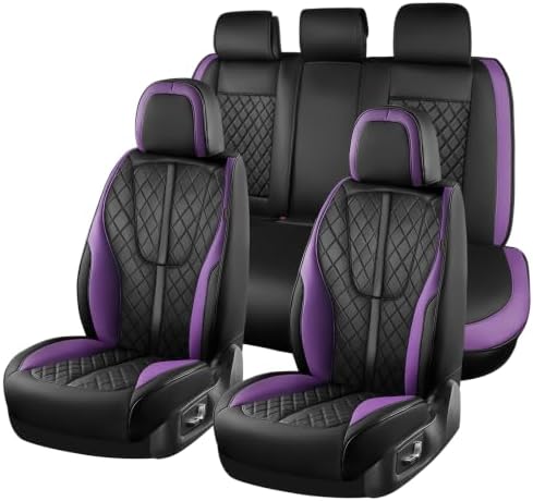 Leather Car Seat Covers Full Set, Black and Purple Seat Cover, Luxury Diamond-Pattern Leather Seat Covers & Carbon Fiber, Durable Waterproof Car Seat Protectors Universal Fit for Most Cars