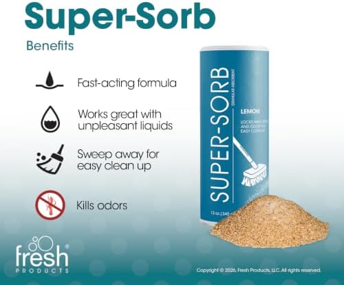 Super Sorb Heavy Duty Absorbent Deodorizer Spill Solution Versatile Powerful Eliminates Odors Absorbs Spills Soaks Up Vomit 12oz can 6 pack Lemon