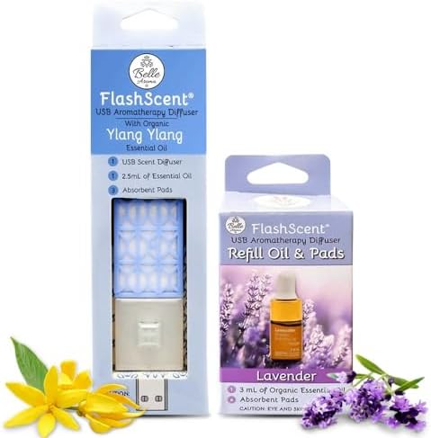Belle Aroma® FlashScent™ USB Aromatherapy Bundle - for Car, Office, Home, and Travel - Includes 1 Serenity Blue Ylang Ylang Oil Diffuser Kit, 1 Lavender FlashScent Essential Oil, and 7 Refill Pads