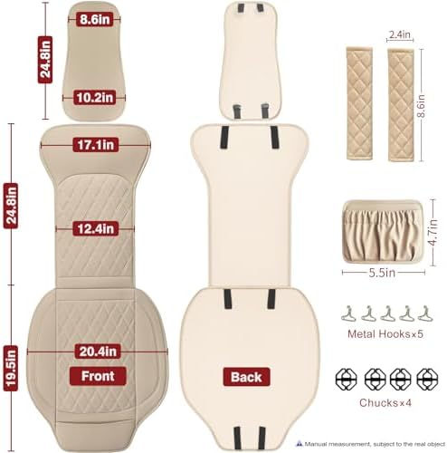 Front Car Seat Covers - Leather Seat Covers with Storage Pocket and Two Belt Pads, Anti-Slip Waterproof Universal Seat Covers for Cars Fit Cars Trucks SUV(Beige,2 Pack)