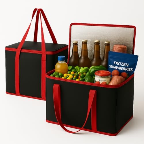 2Pk Trunk Organizer for Car Insulated Reusable Grocery Bags, Collapsible Cooler Bag for Groceries, Heavy Duty Large Insulated Bag (Large, Charcoal Black)
