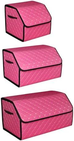 Car organizers and storage for SUV,trunk organizer for sedan, leather foldable sleek box with lid,collapsible cargo bins, tool accessories containers,Pink women (21.65 inch)