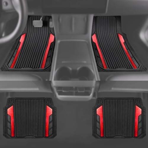 Heavy Duty Rubber Car Mats Metallic, Aluminum Film All Weather Floor Mats Waterproof Universal Trim to Fit Automotive SUV Sedan Van 4 Piece Anodized Deep Dish Two-Tone Sporty Black Red Chrome