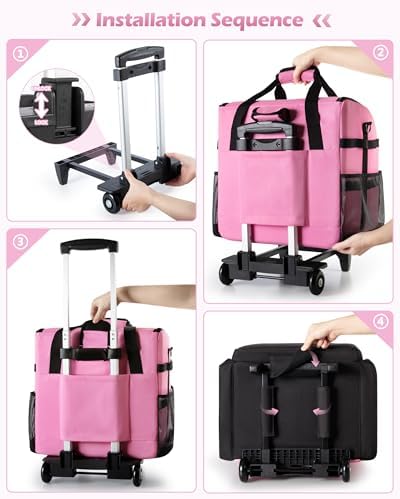 Large Rolling Cleaning Caddy Bag with Detachable Trolley, Pink