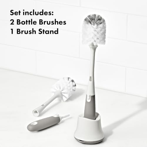 Baby Bottle Brush with Nipple Cleaner and Stand, Gray 2-Pack
