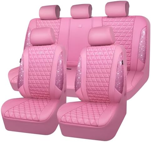 Bling Diamond Pink Leather Car Seat Covers Full Sets Interior Sets, Waterproof Shining Glitter Sparkly Crystal Universal Armrest Fit for Automotive Truck SUV Cute Women Girl, Pink Rhinestone