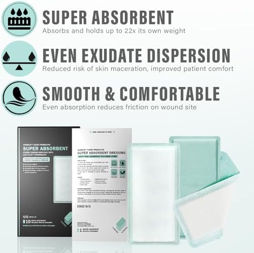 EquiFlow Super Absorbent Dressing for Heavily Exuding Wound | Fast-Absorbing Non-Adhesive Polymer Dressing with Nonstick Gauze Pad | High Absorption & Retention | Pack of 10 (4" x 8")