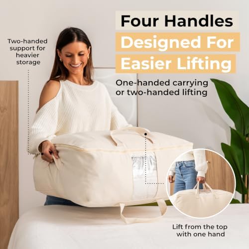 Soft Canvas Storage Bags with Zipper. Thick Breathable, 2pc King/Queen Comforter Organizer. Four Carrying Handles and Window. Large 25x19x9in Bag for Sheets Blankets Bedding Pillows, Clothes