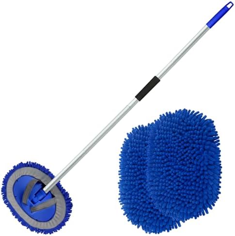 62" Microfiber Car Wash Brush with Long Handle Car Washing Mop Kit Mitt Sponge Car Cleaning Supplies Kit Duster RV Washing Car Brush Accessories, 1 Chenille Scratch-Free Replacement Head