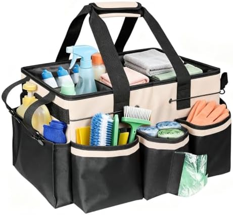 White Cleaning Caddy, Large Cleaning Bag with Handle & Adjustable Shoulder Strap, Tool Bag for Cleaning Supplies Organizer, Multi-Compartment Cleaner Caddy for Home, Car, Garden