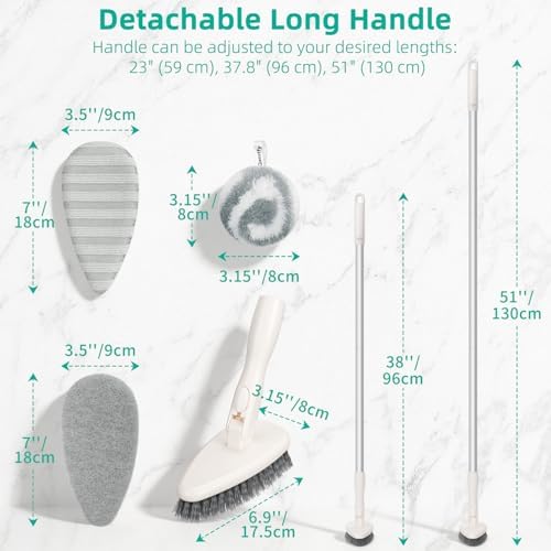 4-in-1 Tub and Tile Shower Scrubber, 51'' Bathtub Cleaning Brush with Long Handle, Soft & Stiff Bristles Bathroom Scrub Brush, Non-Scratch Shower Cleaner Brush for Cleaning