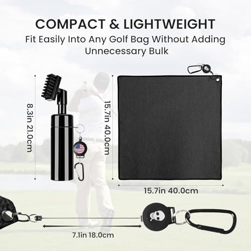 Golf Club Clean Brush Towel Value Set with Strong Magnetic Retractable Carabiner, Squeeze Water Bottle Microfiber Absorbent Towel for Golf Bags Accessory Iron Care Men Women