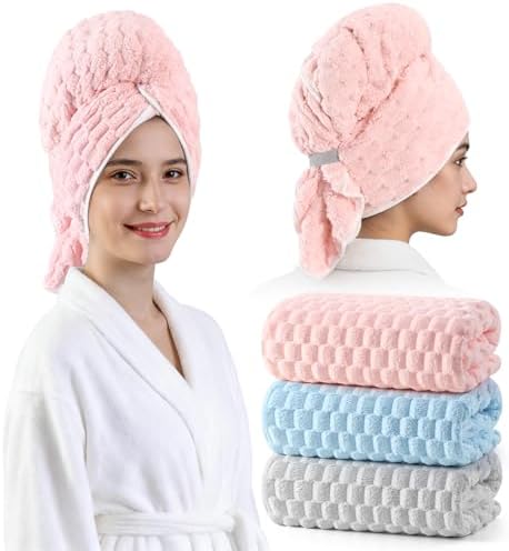 3 Pack Microfiber Hair Towels - Extra Large Hair Towel Wrap for Women, 24x42 inch Hair Towels with Elastic Strap, Super Soft Hair Drying Towels for Long, Thick, Curly Anti Frizz Turbans