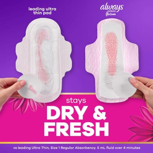 Radiant Feminine Pads for Women, Flexfoam Pads with Wings, Size 5, Extra Heavy Overnight Absorbency, Lightly Scented, 54 Count (3 Packs of 18)