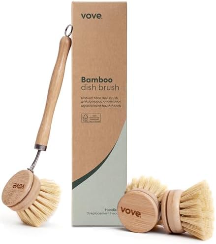 Bamboo Dish Brush with 3 Replacement Heads, Natural Fiber Bristles