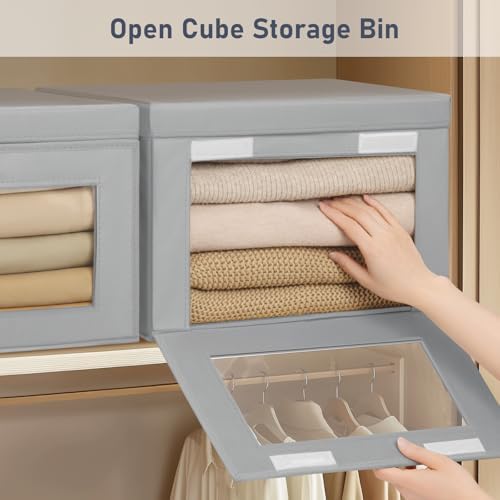 Storage Bins with Lids - 4 Pack Large Fabric Closet Organizer with Window & Handles, Collapsible Decorative Storage Boxes for Shelves Under Bed, Books Clothes Blankets Sweaters Organization