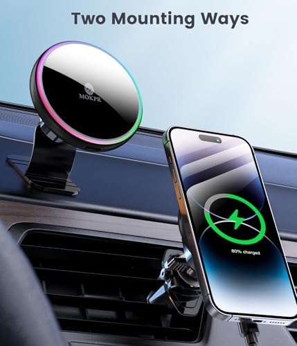 For Magsafe Car Mount Charger 15W LED RGB Car Phone Holder for Dash Vent