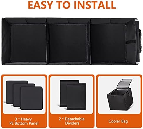Car Trunk Organizer with Insulated Cooler Bag, Foldable & Waterproof Storage Organizer with Lid for SUV, Truck, Sedan - 4 Large Adjustable Compartments, Heavy Duty & Collapsible Design