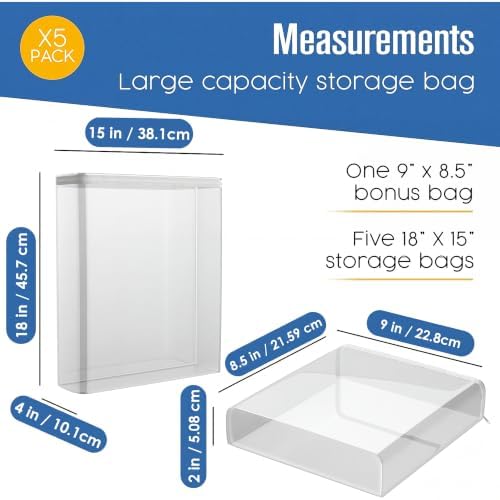 Sweater Storage Bags, Clear Zippered Vinyl Organizer, 18 x 15 x 4 IN, 5 PK