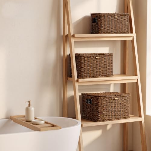 Wicker Storage Basket With lid, Stackable Plastic Bin (Brown, S+M+L)