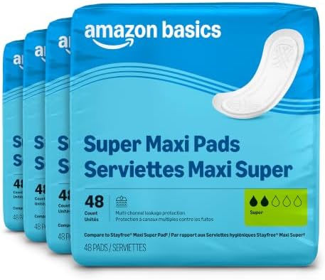 Maxi Pads for Periods- Thick, Super Absorbency, Unscented, 192 Count, (4 Packs of 48), Packaging May Vary